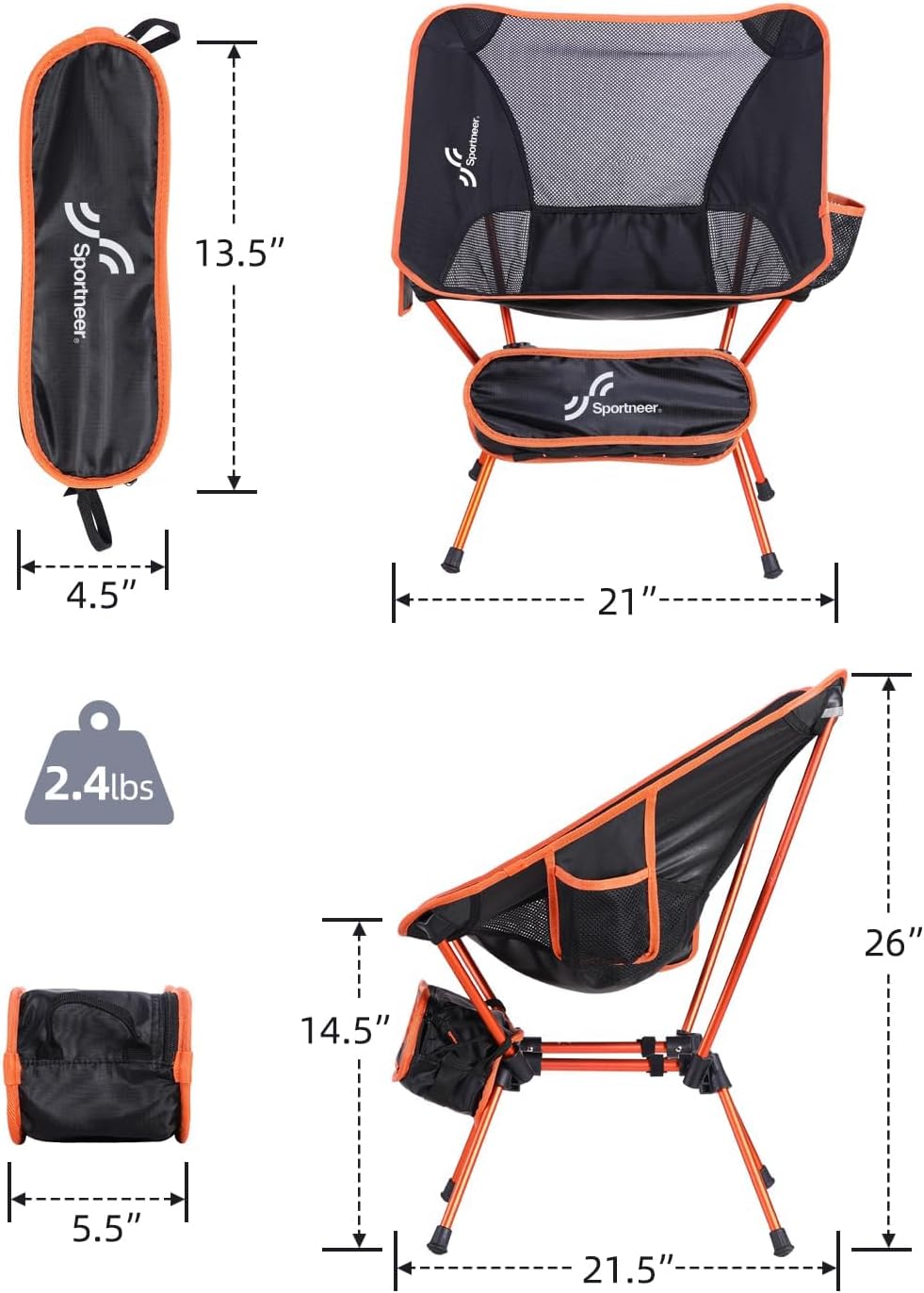 Chaise de camping légère, pliable, compacte, orange et noir