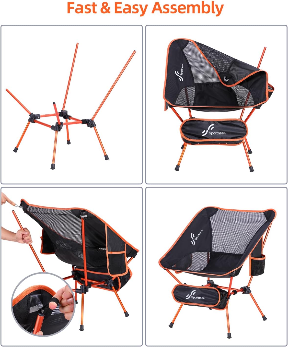 Chaise de camping légère, pliable, compacte, orange et noir